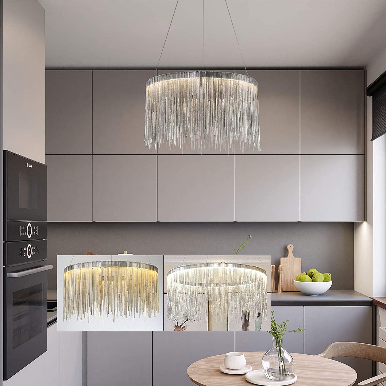 Dario Moderno in Metallo con Catena a Nappa, Dario lineare a LED, Dario Moderno Rotondo per la casa, 3 luci dimmerabili per Cucina, Isola, Sala da Pranzo, Camera da Letto