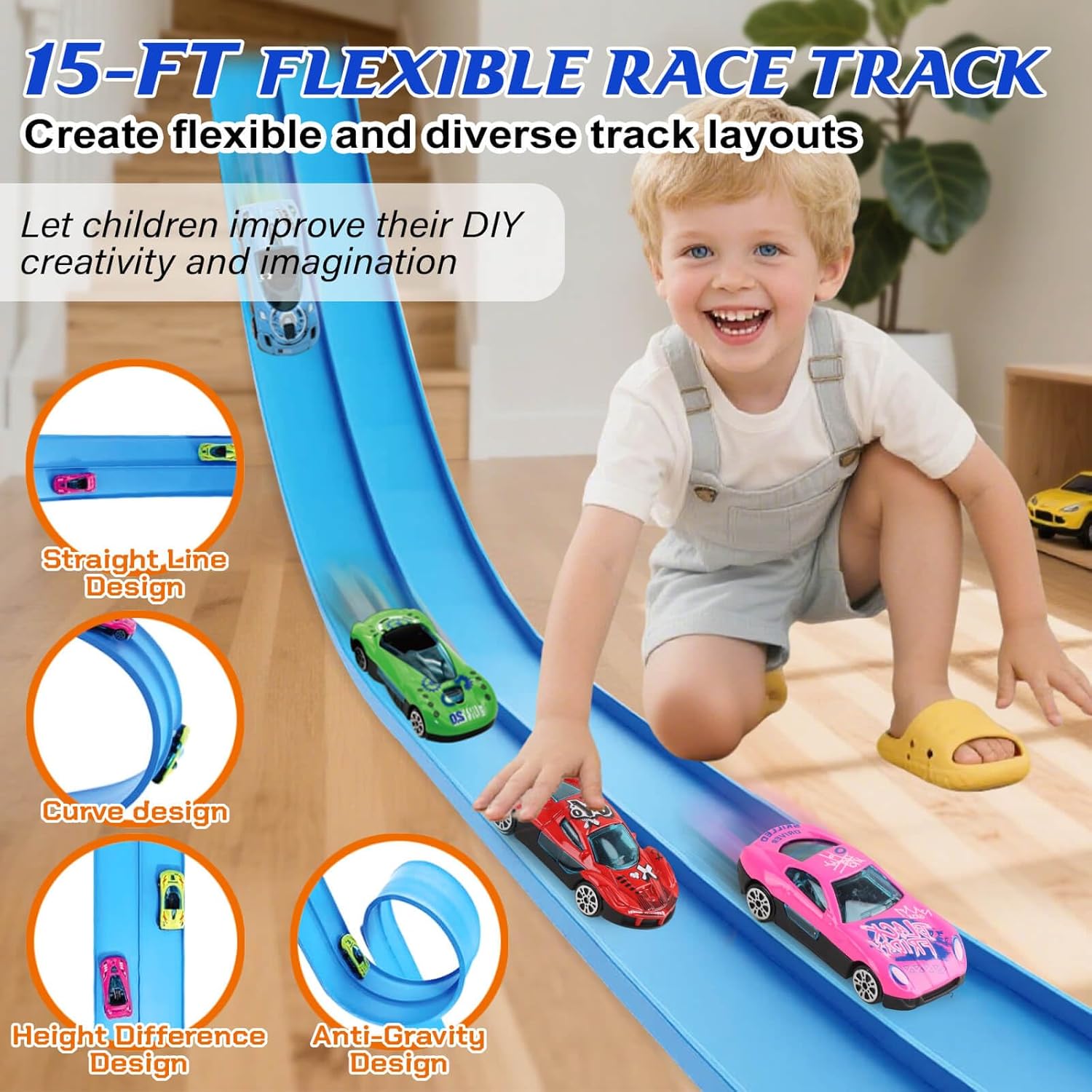 Gretex Flexible Race Track for Kids Ages 4-8: 15 Ft Flex Race Car Ramp Track With 6 Toy Cars Suction Cups, Portable DIY Racetrack Compatible With Diecast 1/64th Cars, Ideal Gift for Kids Toys Boys 3-5