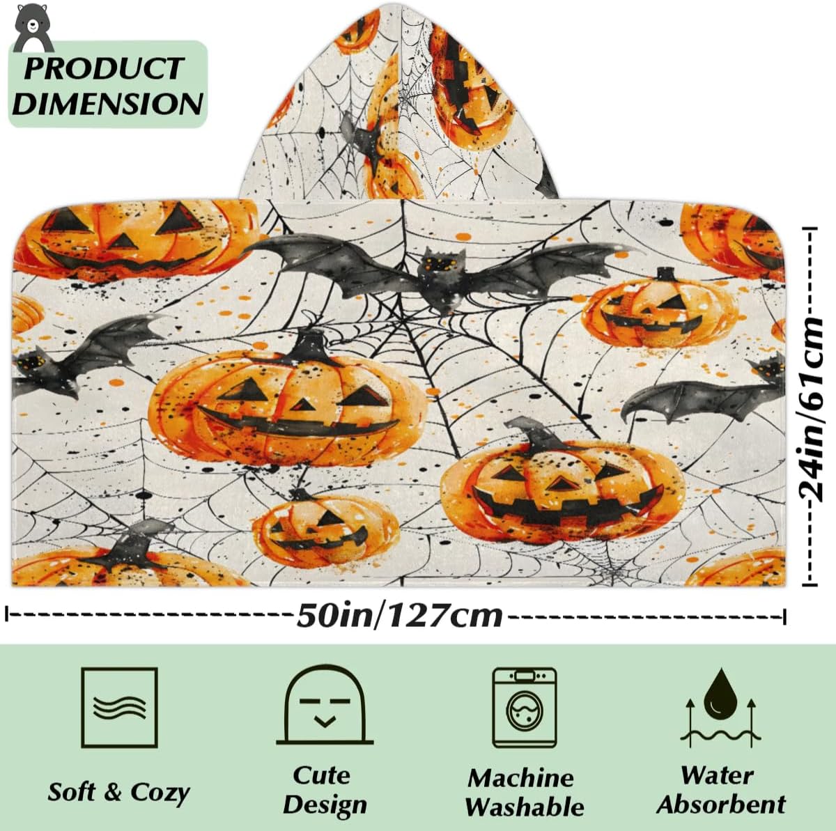 Pardick Kids Bath Towel Pumpkin Bat Web Beach Towel with Hood Pool Cover Up for Girls Boys Soft Absorbent Hooded Bath Towel Toddler Towels for Beach, Pool