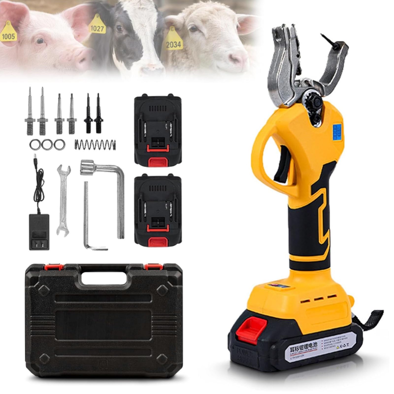 Applicatore elettrico di etichette auricolari per bestiame, strumento automatico senza fili con 2 batterie, attrezzatura per marcatura indolore per bovini, suini, pecore
