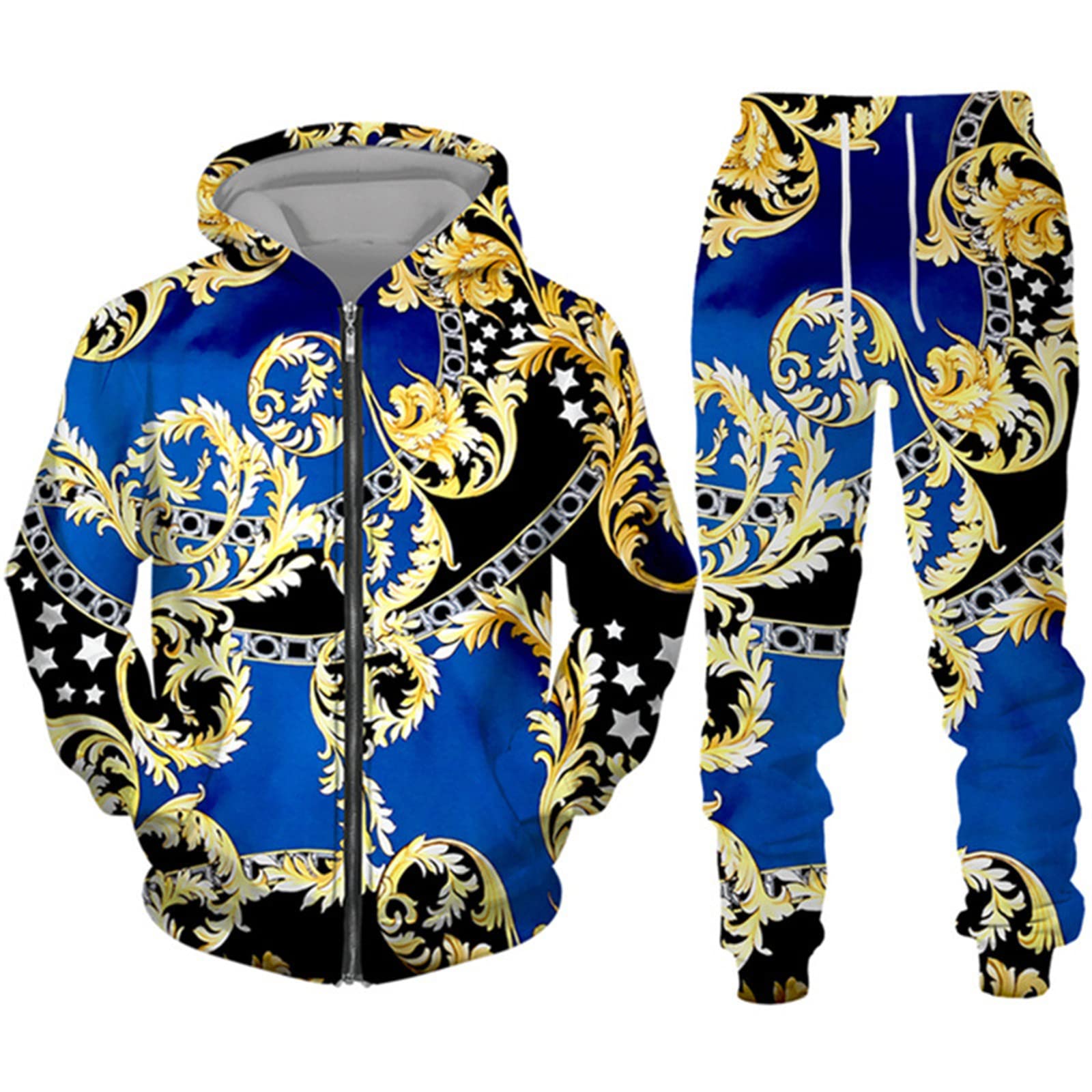 Kewing Men's # 10 Tracksuit Set Hip Hop Gold Chain 3D Printed Zipper Hoodie And Sweatpants Fashion Casual 2 Piece Set Sweatshirt Suits