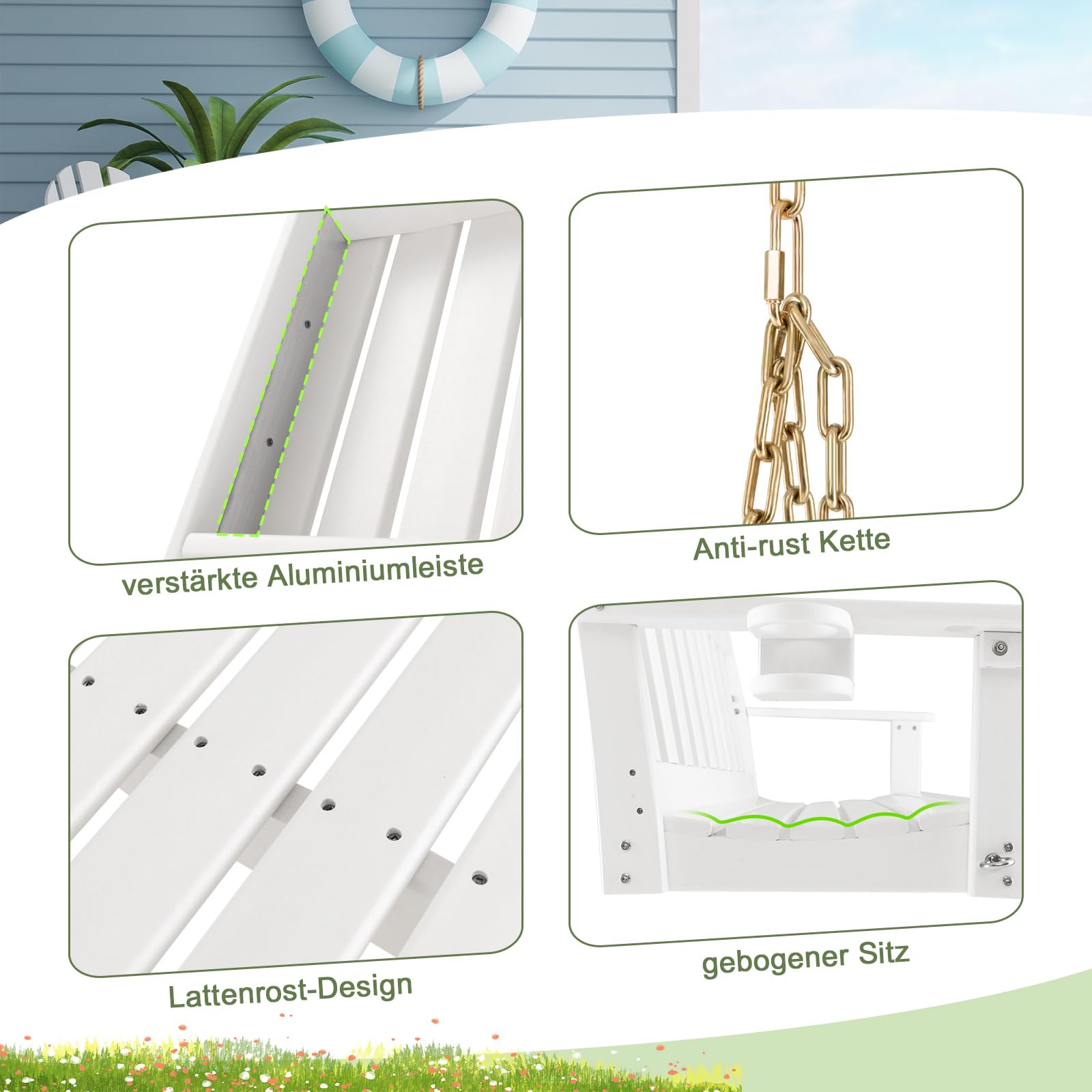 COSTWAY Hängebank aus HDPE, 2-Sitzer Gartenschaukel zum Aufhängen, bis 320 kg belastbar, Hängebank mit verstecktem Getränkehalter & verstellbaren Sicherheitsketten, für Garten, Hof, Veranda