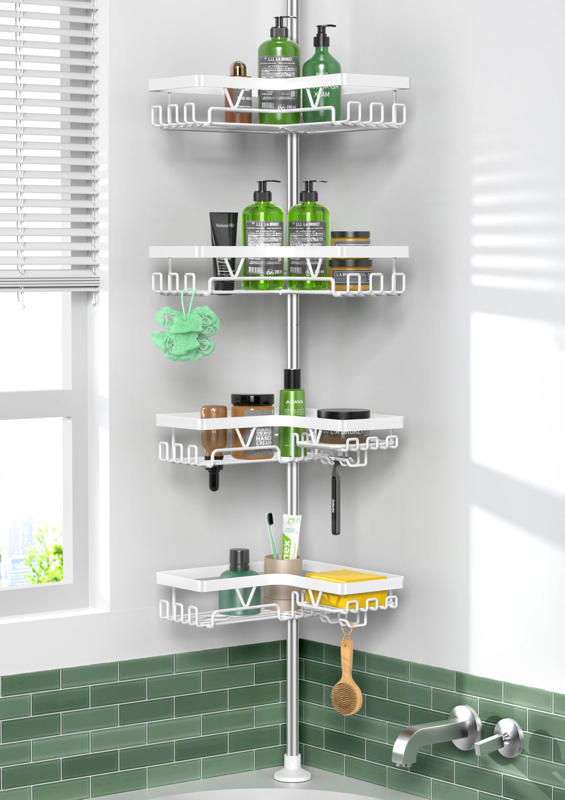 KEGII Corner Shower Caddy Tension Pole - 4-Tier Rustproof Bathroom Organizer, Floor to Ceiling Shower Caddy 25-114.2 inch, No Drilling Shower Storage Rack for Shampoo, Towels (Matte White)