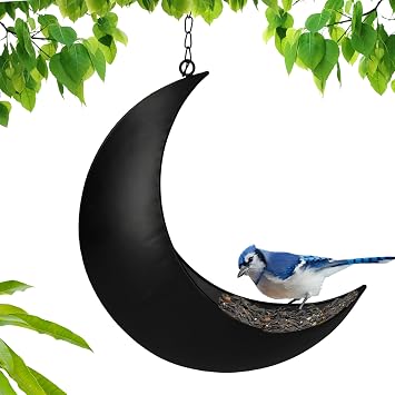 Hanging Moon Bird Feeder Unique Metal Bird Feeders for Outdoors, Black Rust-Resistant, Wild Bird Feeder for Bluebirds, Cardinals, Finches, and Backyard Birdwatching Black