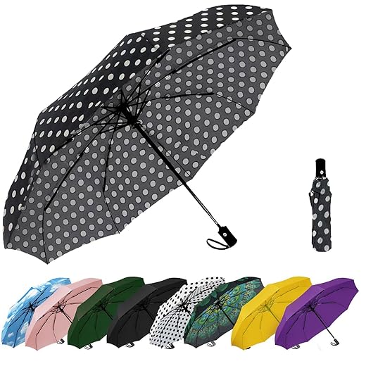 SIEPASA Windproof Travel Compact Umbrella-Automatic Umbrellas for Rain- Folding Umbrella, Travel Compact Umbrella.(Black Polka Dots)