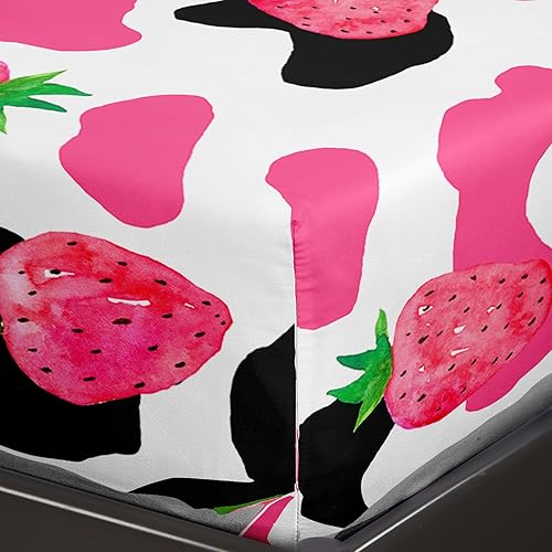 Miniatura 6 de QOOMO Juego de sábanas para niños con estampado de vaca de fresa, tamaño individual, juego de sábanas de 16 pulgadas de profundidad, juego de