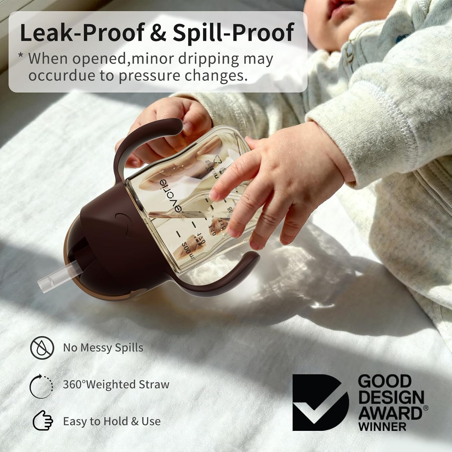 Evorie Tritan Weighted Straw Sippy Cup with Handles for Baby and Toddlers, Spill Proof Baby Water Bottle with Straw for 6 Months and up, 7 Oz, Infant Training Water Bottle (Brown) - Image 3