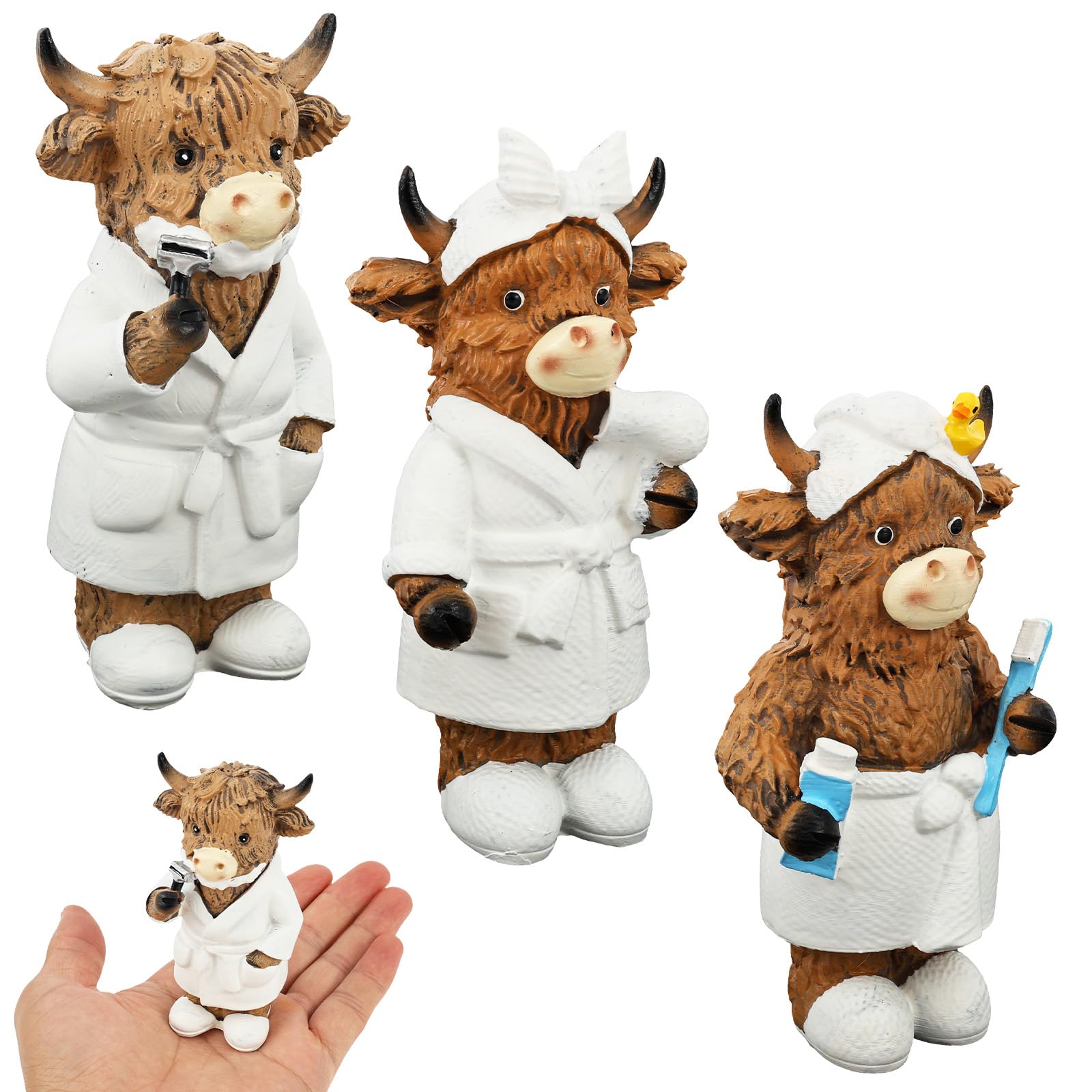 3Pcs Highland Cow Bathroom Figurine Ornaments with Bathrobe Standing Resin Cute Highland Cows Figurines Accessories for Shelf Countertop Funny Scottish Cow Statues Decorations for Home Bathroom Toilet