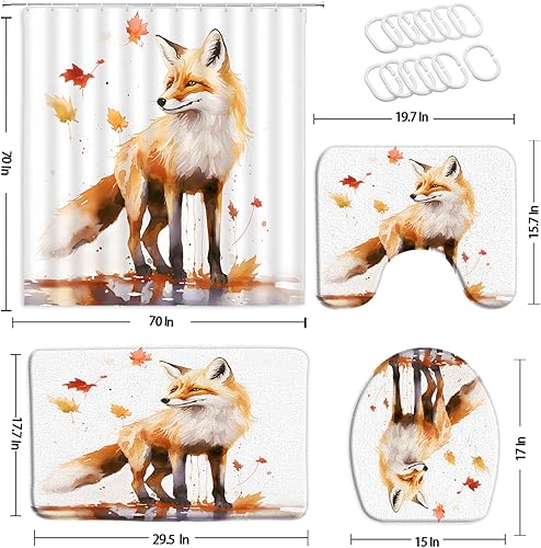 Miniatura 2 de QWRSMYX Juego de 4 cortinas de ducha con diseño de zorro, animales del bosque, de arce, dibujados a mano, garabatos dibujados a mano, estilo pintura