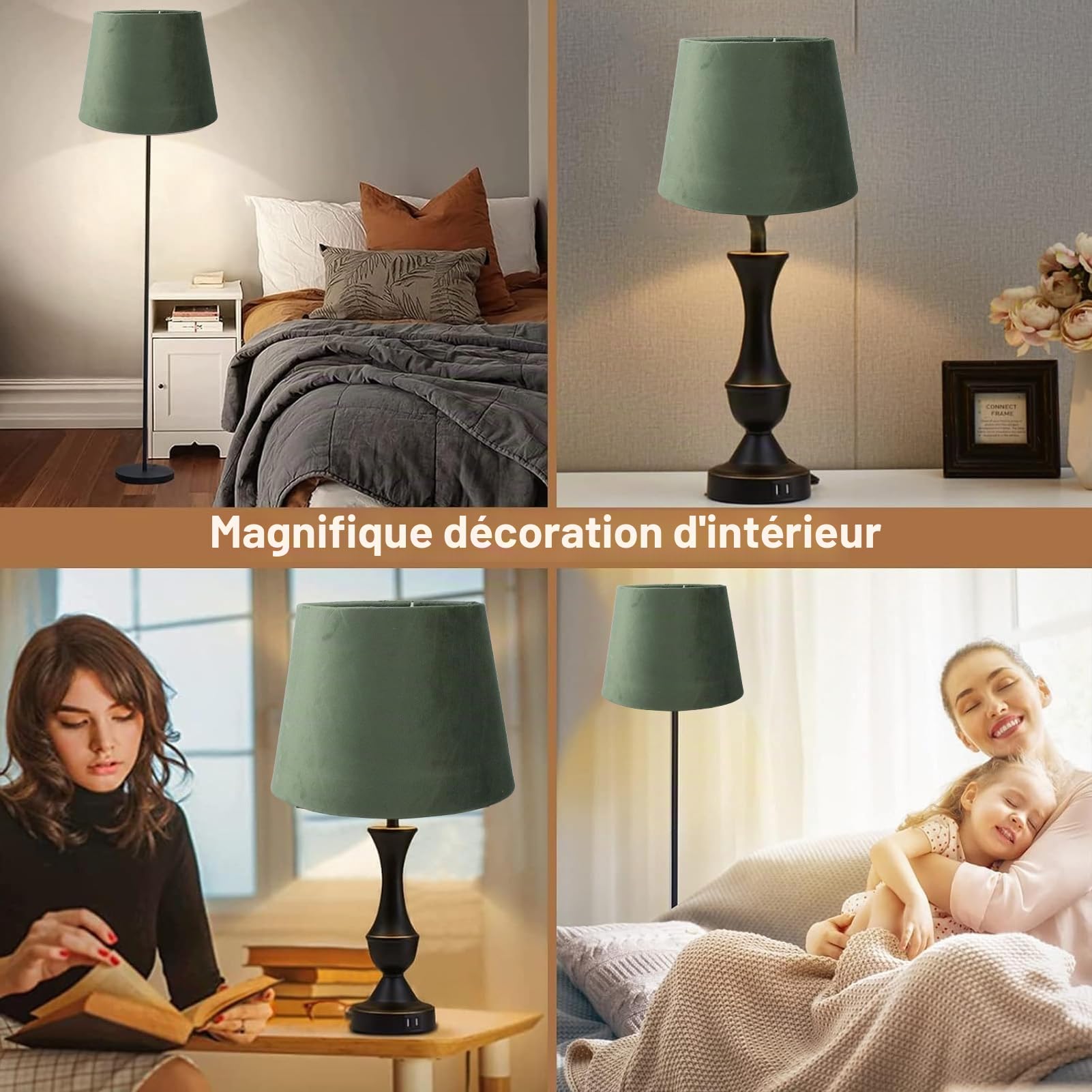 Abat-jour en Tissu E27 E14 à Double Usage, Haut de 16cm, Diamètre Supérieur de 16.5cm, Abat-jour de Lampe de Table Fait à la Main, Facile à Installer pour la Maison (Vert OD)