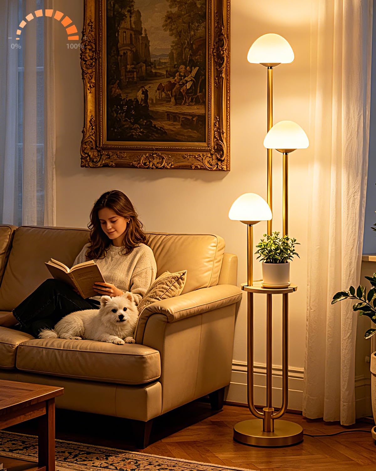 Gold Dimmbare Stehlampe mit Tisch, Moderne Stehlampen für Wohnzimmer, 3000K Warmweiß Hohe Stehleuchte mit Pilzschirmen & Glühbirnen für Schlafzimmer/Büro