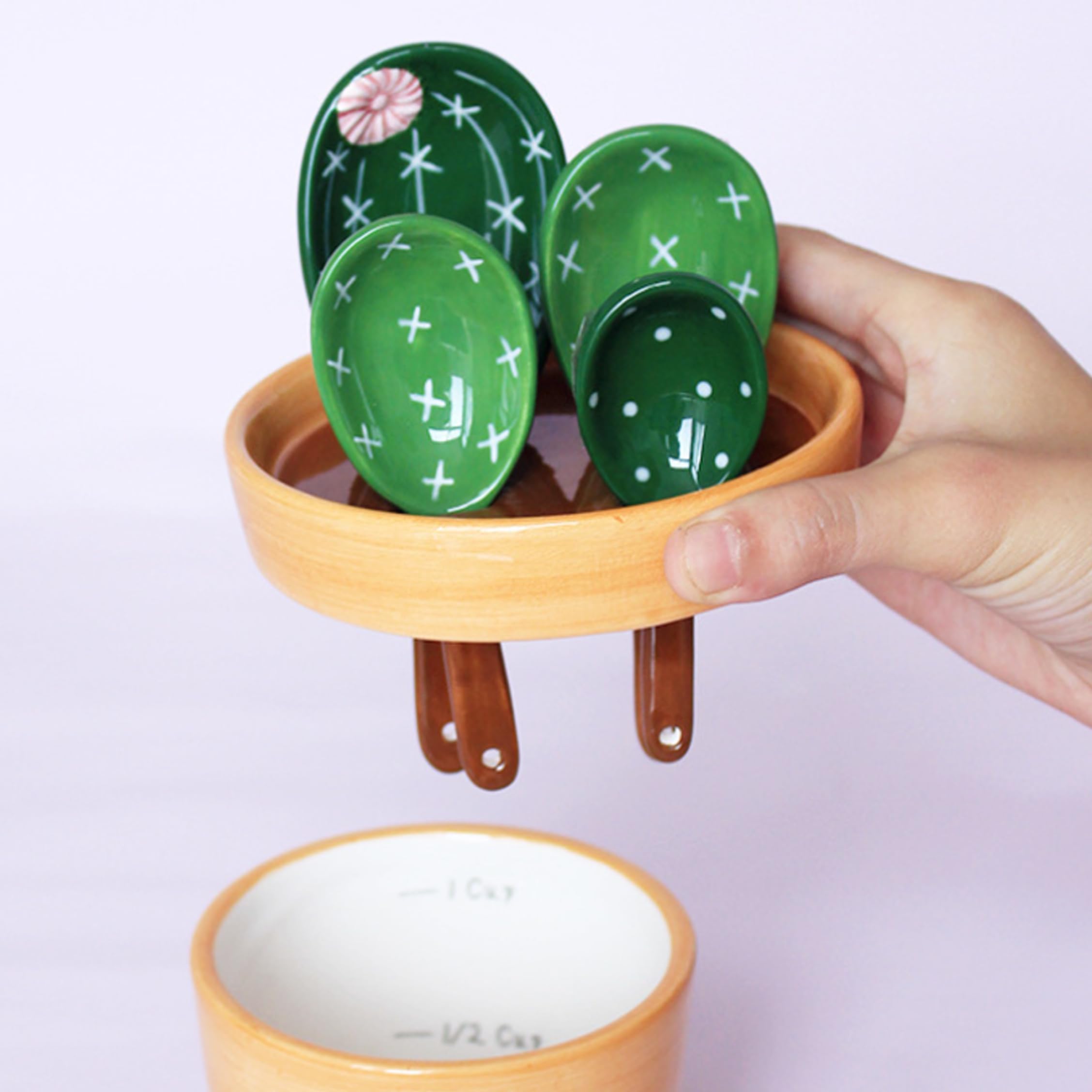 Juego de 5 cucharas medidoras bonitas y tazas medidoras bonitas, herramienta para hornear de cerámica de Cactus con taza de almacenamiento con diseño de ondas