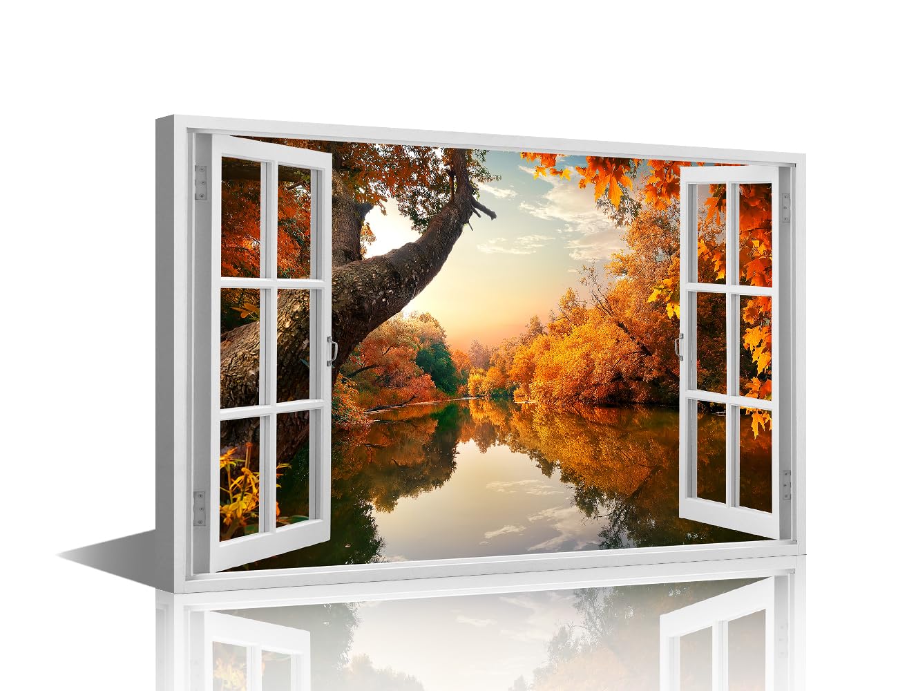 TISHIRON Lake Wall Art Canvas 3D Window View Fall Scenery Pictures Nature Landscape Wall Painting for Bedroom Maple Wall Art for Living Room Modern Decor Office Posters Framed Art - 24x16in