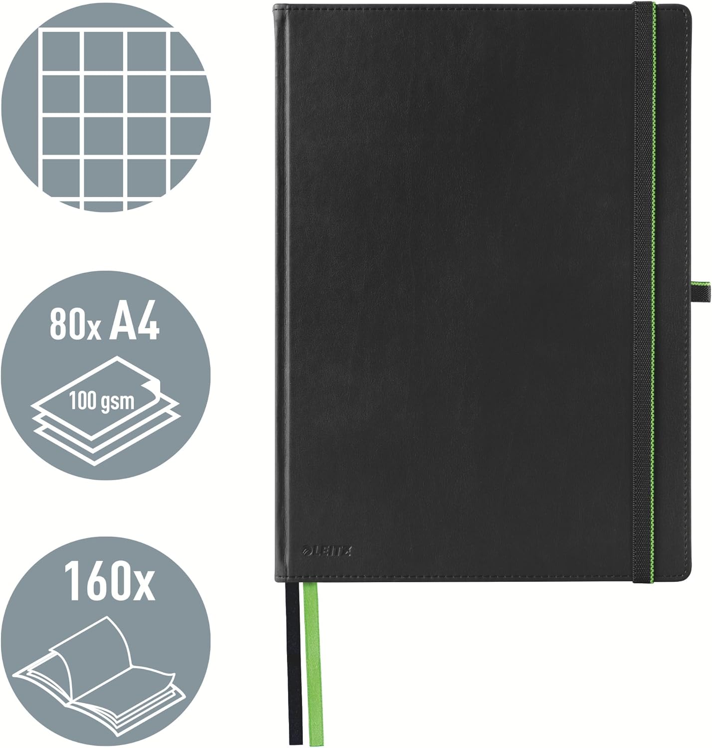 Leitz A4 Hard Cover Notebook, Black (80 Sheets, Squared Paper, with 2 Bookmarks, 100 GSM Ivory Paper, Complete Range)