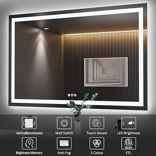 Miniatura 5 de Amorho Espejo de baño LED de 55 x 40 pulgadas con luz delantera y trasera, espejos de pared regulables sin pasos con antiniebla, a prueba de