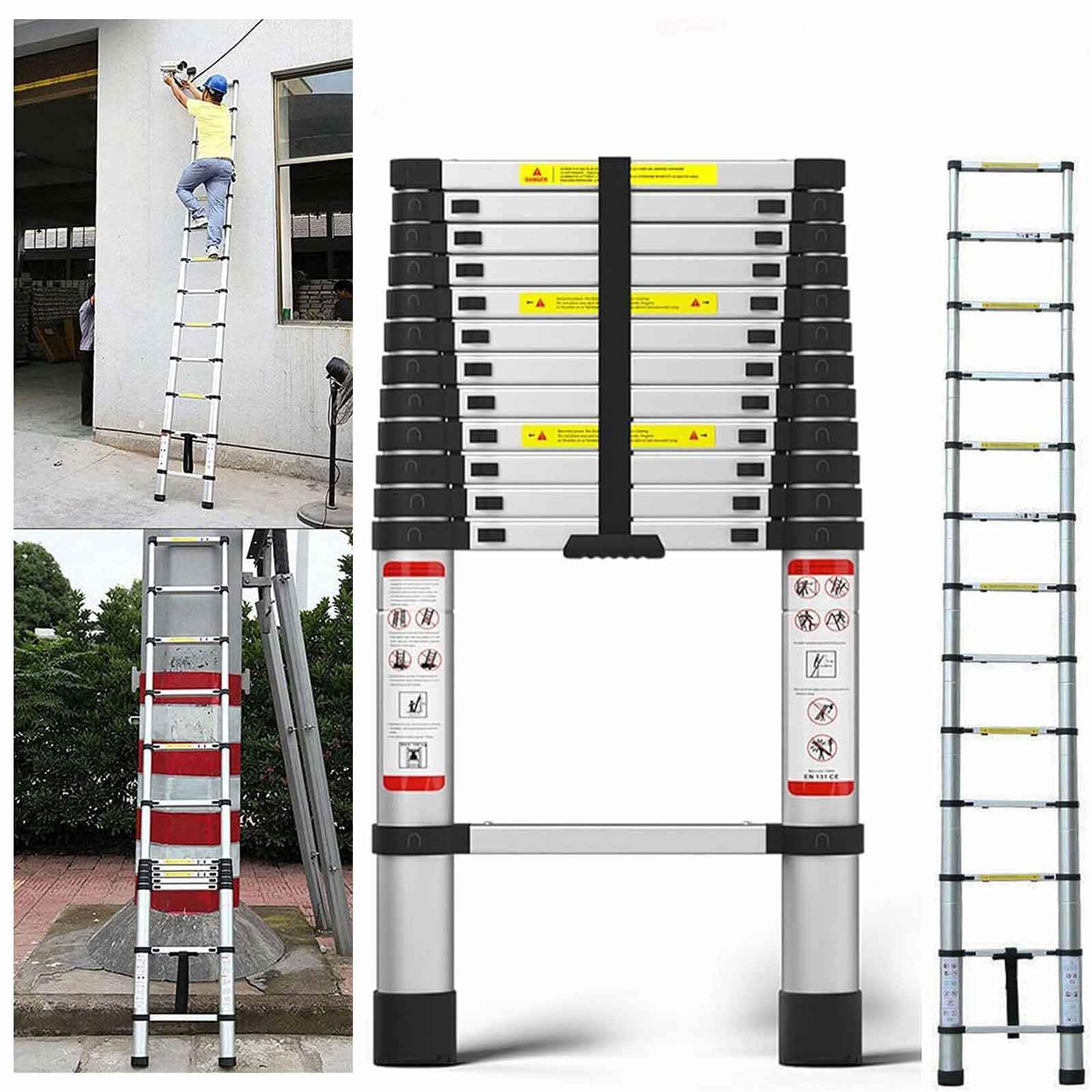 3.8M Portable Aluminum Telescopic Ladder,Multi-Purpose Extendable Ladder with Stabiliser, Max. Load 150kg