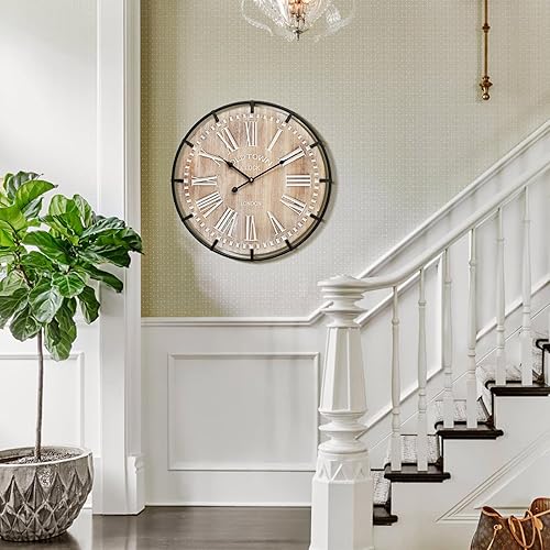 Miniatura 5 de Reloj de pared grande de 24 pulgadas, reloj de pared silencioso de madera rústica con círculo de metal y números grabados, funciona con pilas para