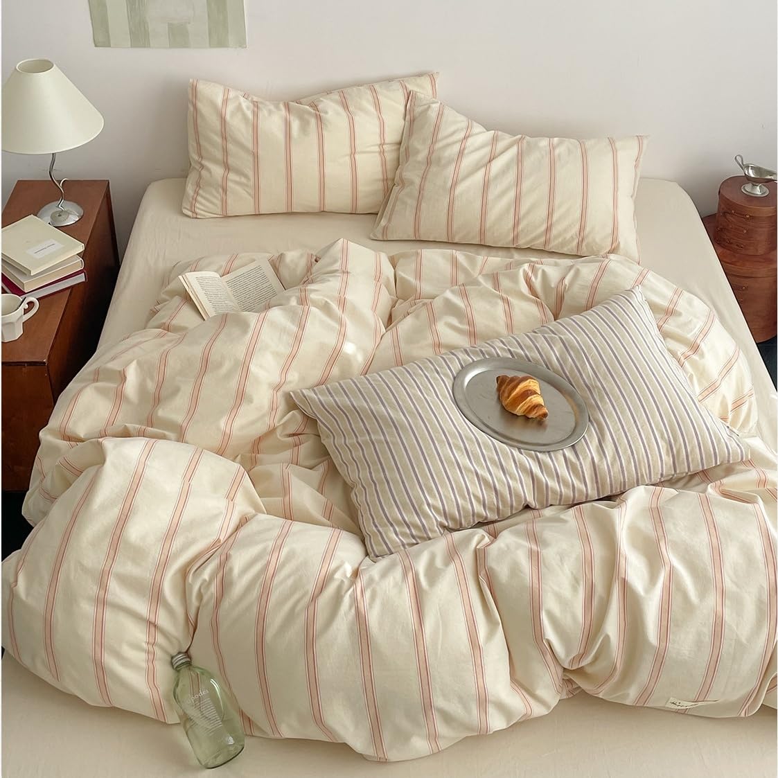 Beige Striped Duvet Cover Sets Single Beige and Pink Stripes Bedding Set