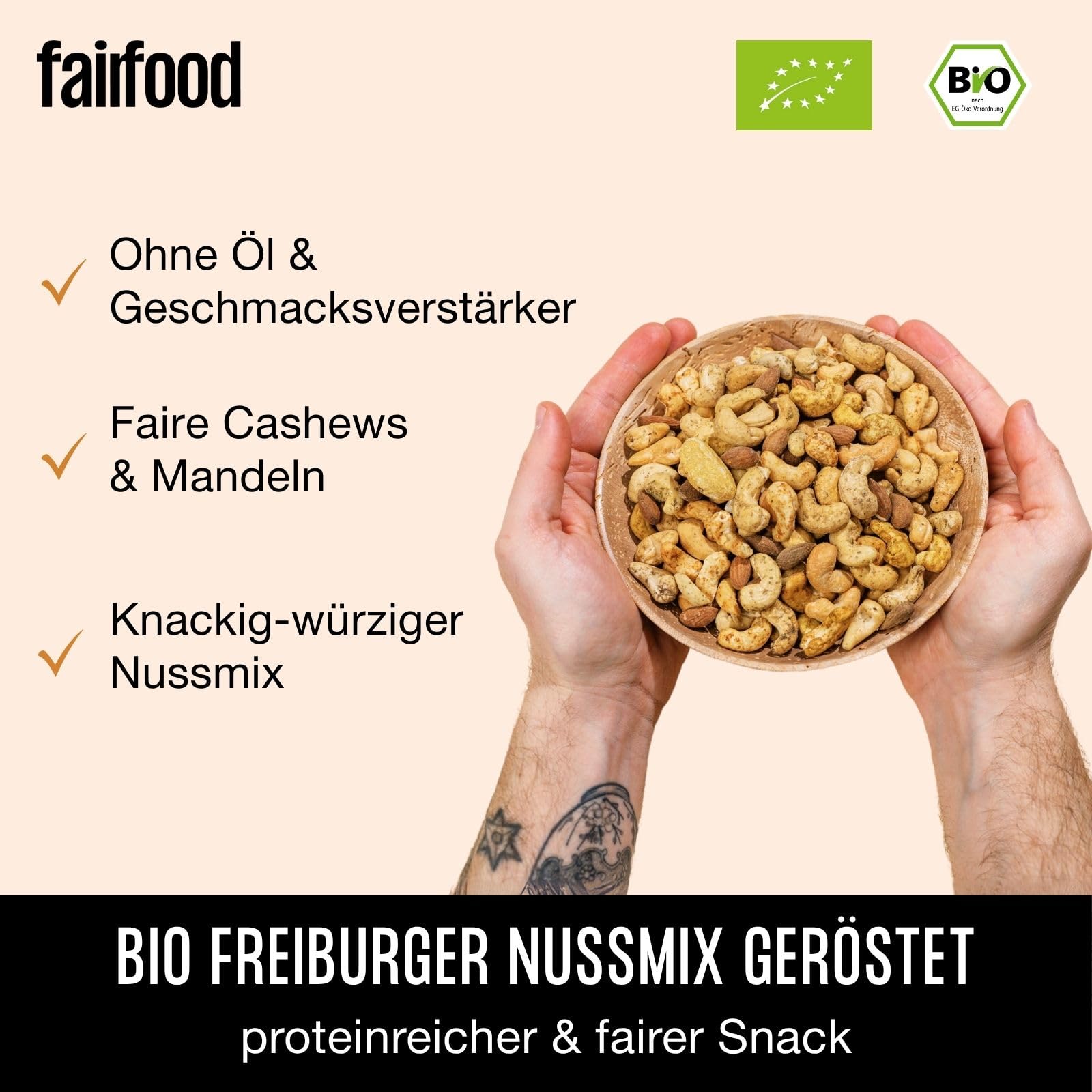 fairfood Freiburger Nuss-Mix geröstet & gesalzen (500 g) – Bio, Fair gehandelt & Vegan – Nussmischung mit Cashews & Mandeln – Ohne Öl geröstet in eigener Manufaktur