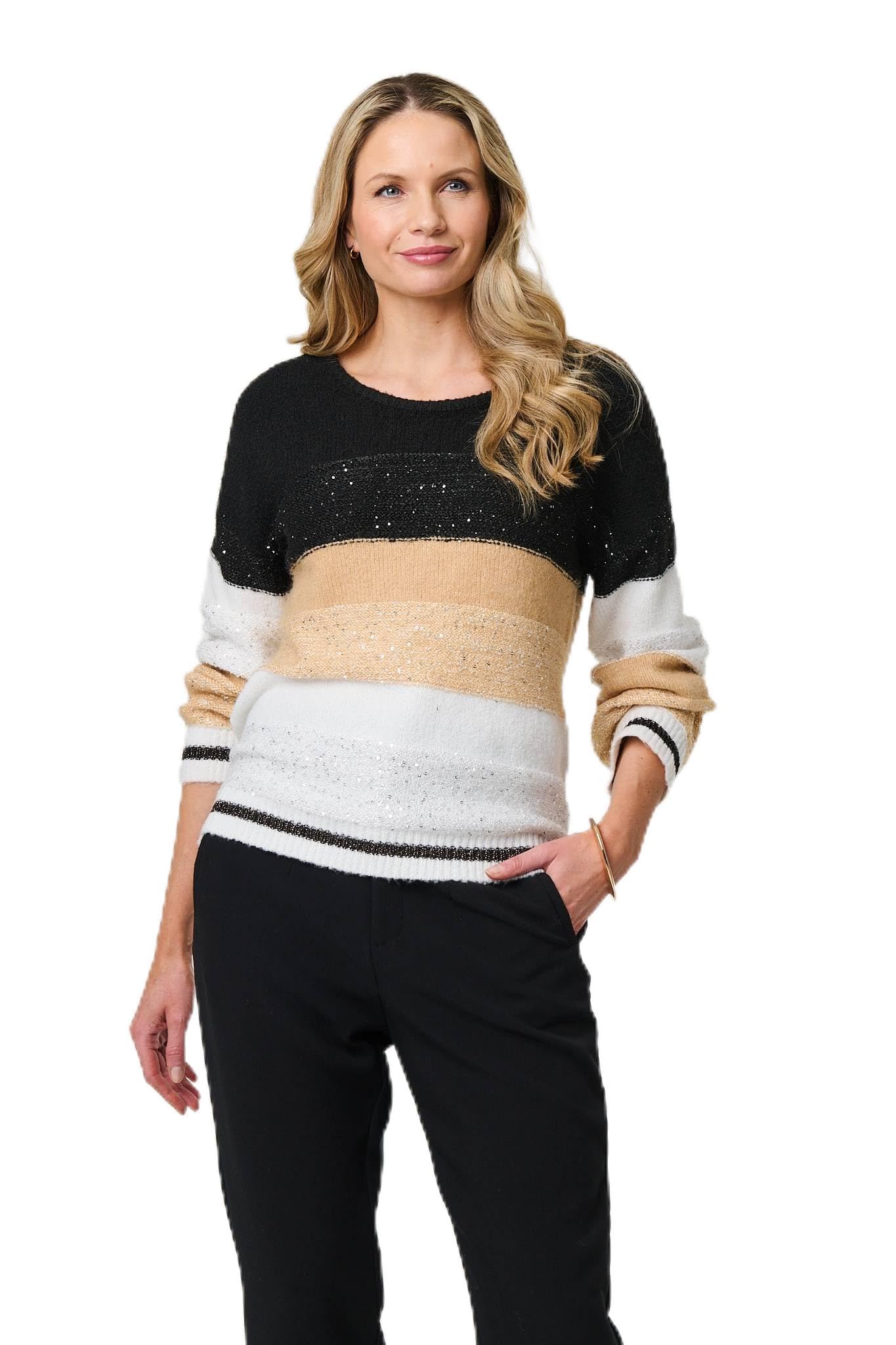 Izabel London Women's Colour Block Drop Shoulder Knit Jumper in Beige | Size: 16