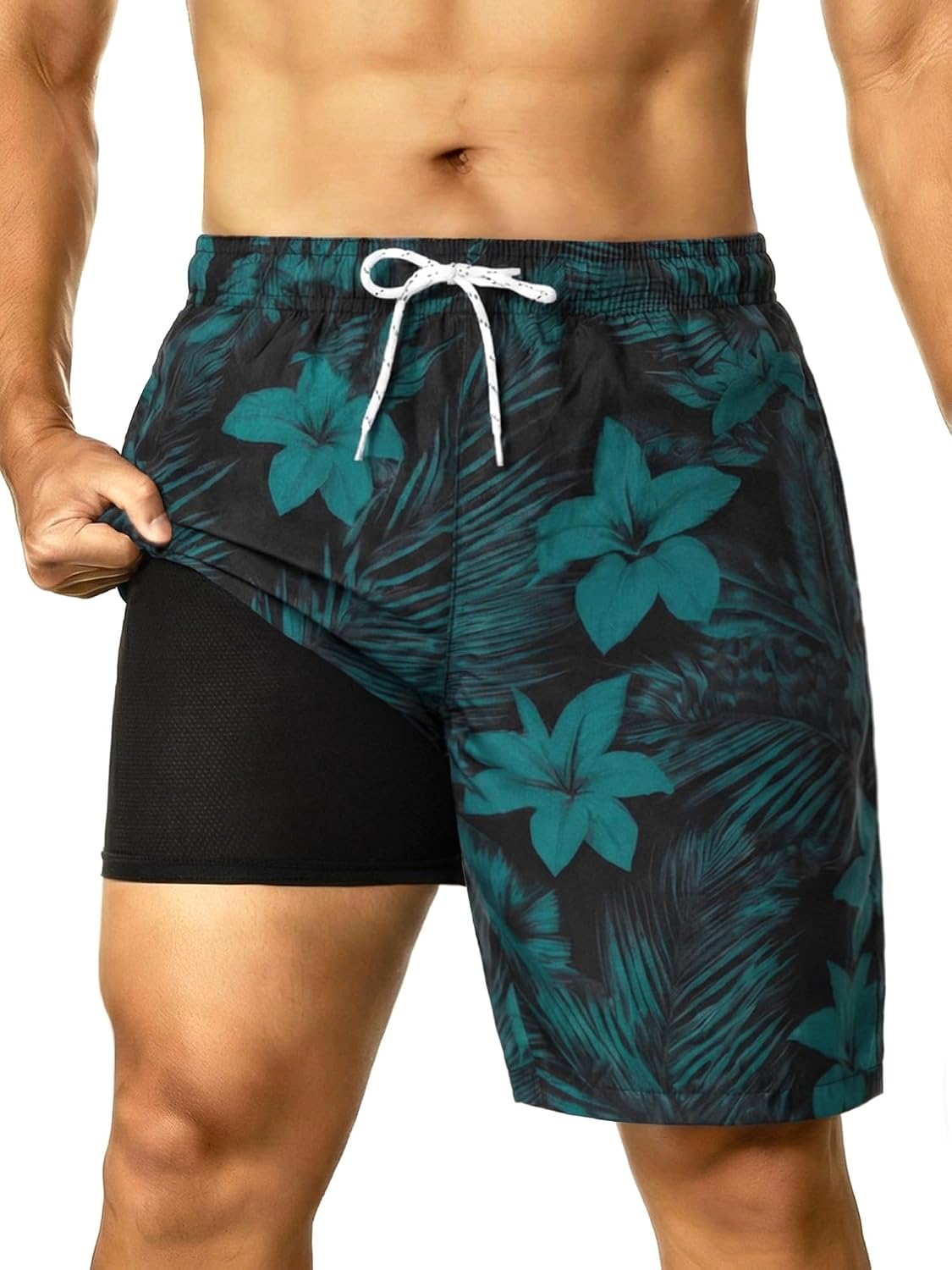 Mens Swim Trunks 9 Inch Long Board Shorts with Compression Liner Quick Dry Beach Bathing Suit Lightweight Pockets