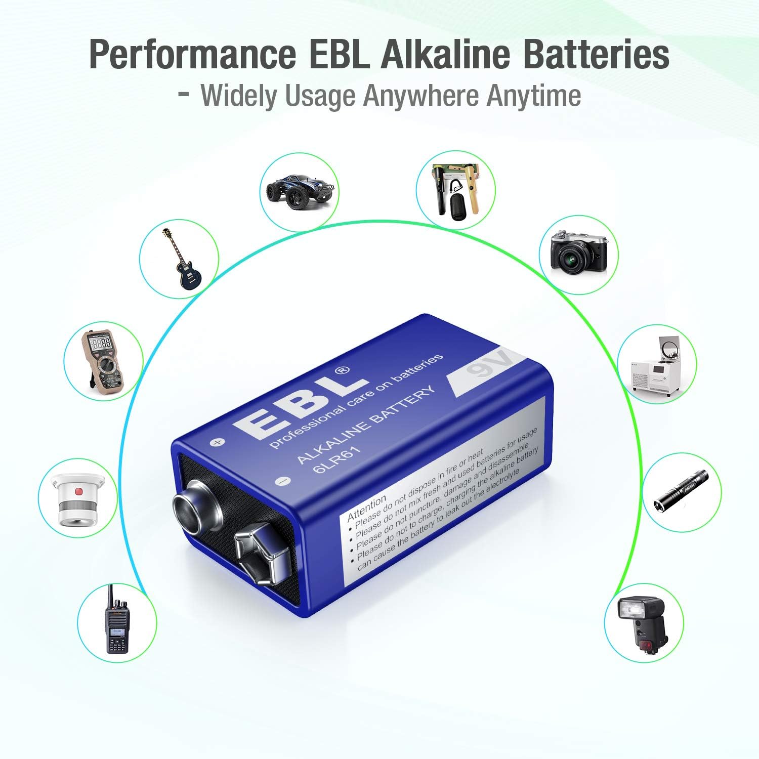 EBL 9V Alkaline Battery - Long Lasting 9 Volt Battery for Smoke Alarms, Electronic Toys and More - Pack of 8