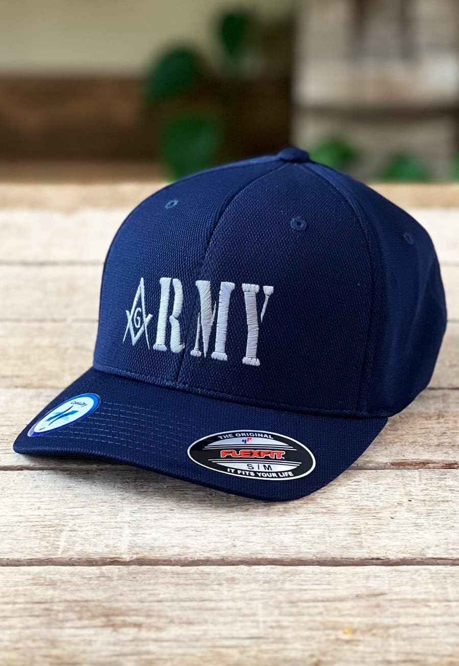 US Army Embroidered Masonic Flexfit Camouflage Adult Cool & Dry Sport Hat - [Green][L/XL]