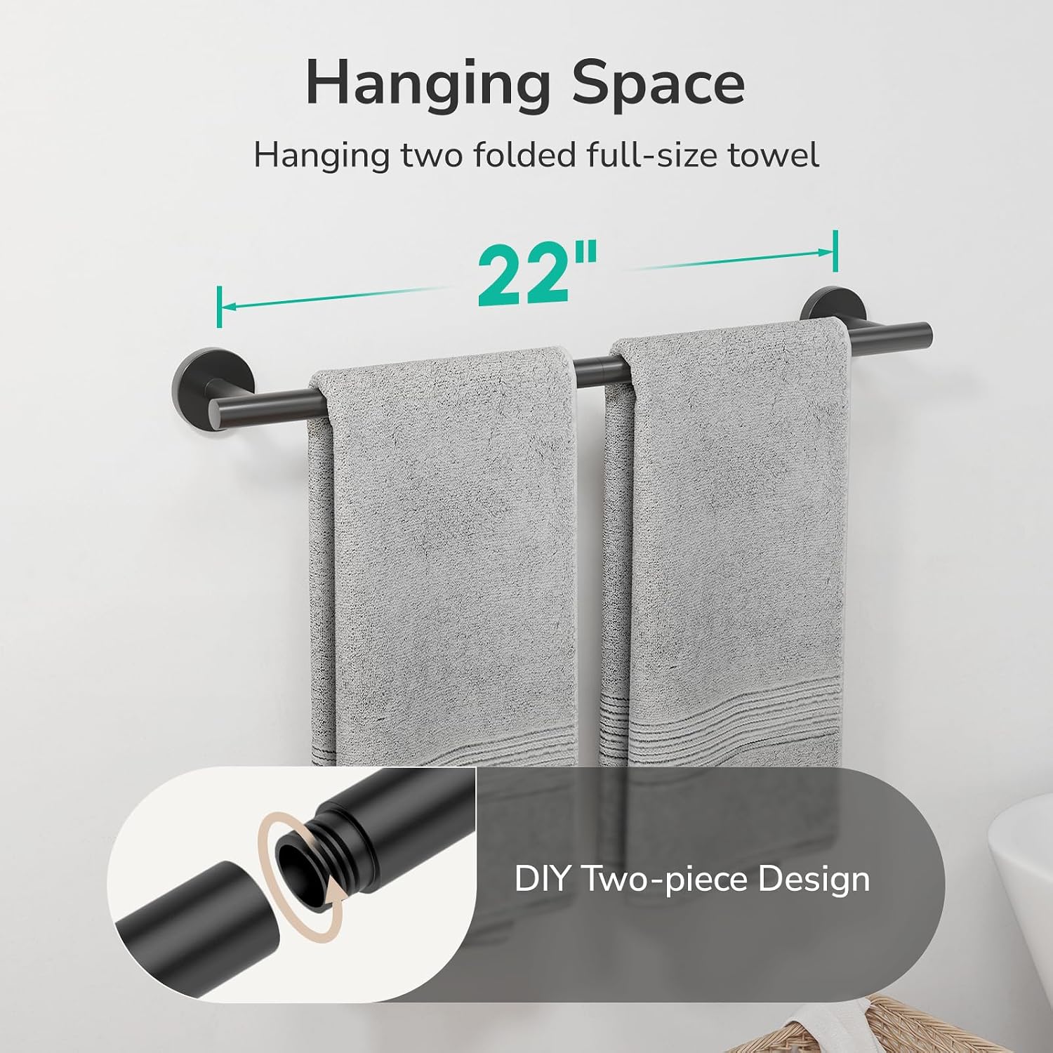USHOWER Matte Black Towel Bar, 22-Inch Towel Racks for Bathroom