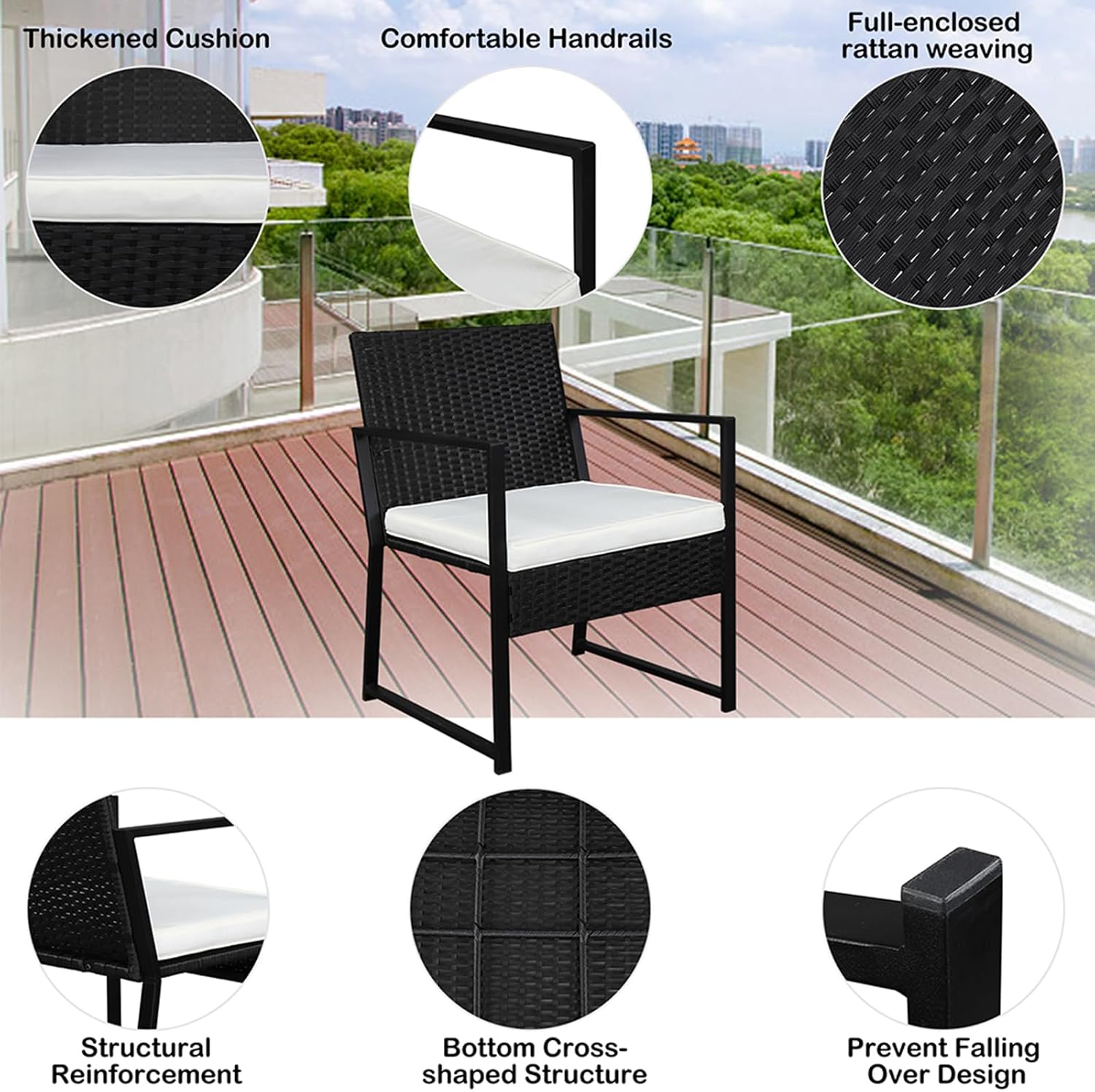 3 Piece Outdoor Patio Furniture Sets,Patio Bistro Set, PE Rattan Conversatio Chairs with Tempered Glass Coffee Table and Thickened Cushion Set,for Backyard, Porches, Poolside,Yard, Lawn and Balcony