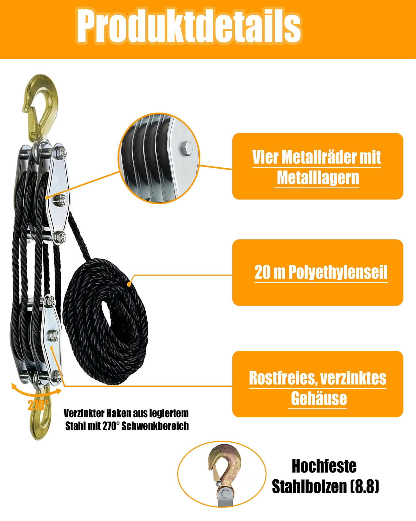 Polea de carga pesada con freno de cuerda de nailon de 20 m: polea de 4400 LB, cable de elevación manual, para ahorrar trabajo, polea de alto rendimiento para garajes, almacenes (1, negro)