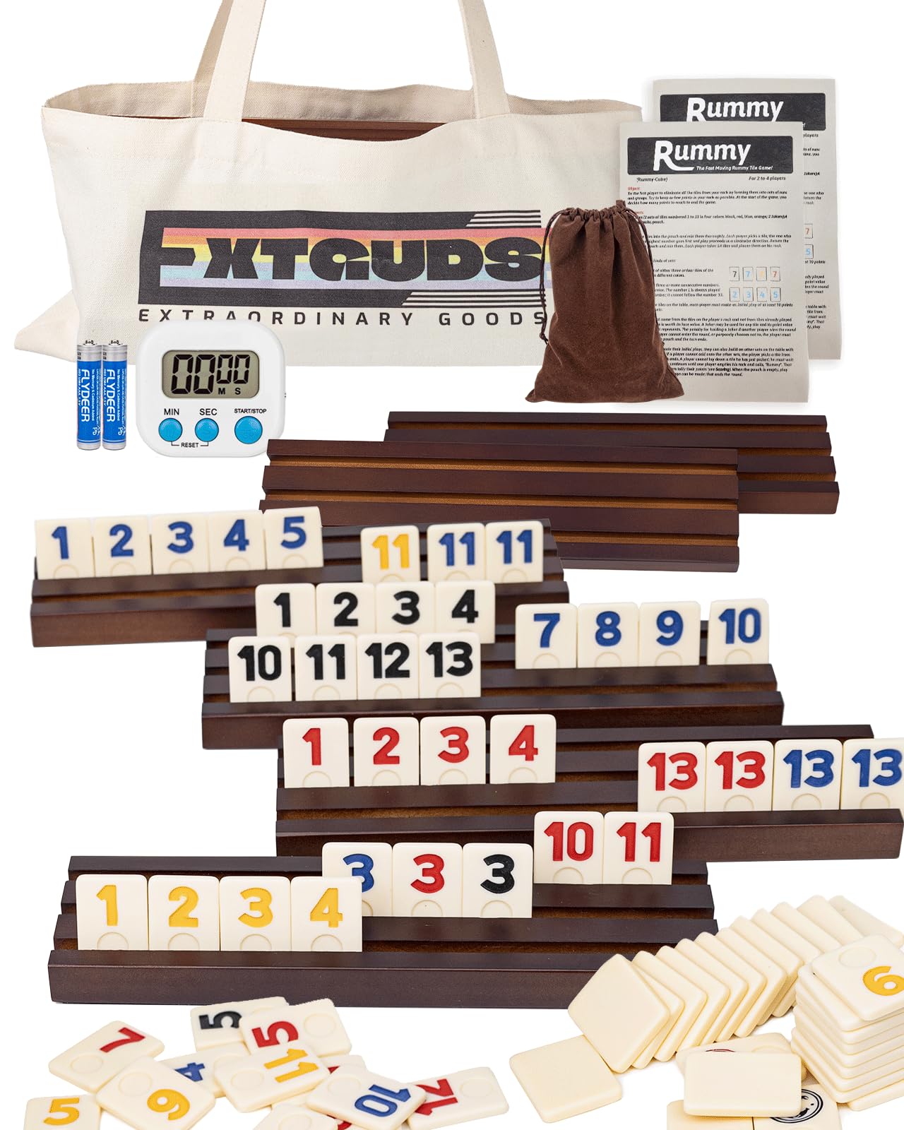 6 Player Rummy Cube Game Set, Classic Travel Rummy Cube Game, with 6 Wooden Racks/Trays, 160 Rummy Tiles, Portable Canvas Bag, 1 Timer, 1 Velvet Storage Bag,for Family and Party