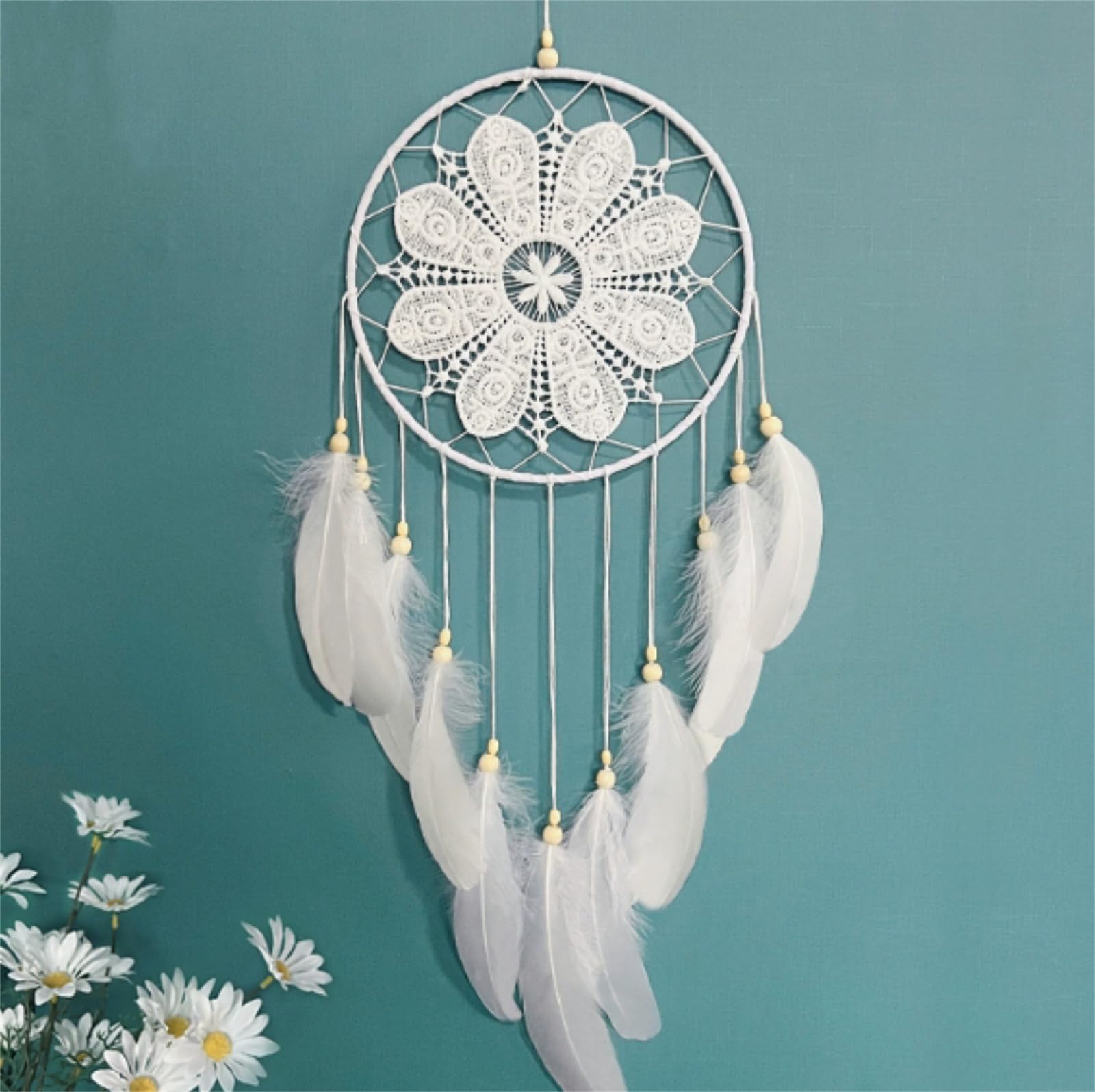 ZOYIEP Großer Traumfänger Boho-Stil - 25cm Kreis, 75cm Lang Mit Weißer Feder & Makramee