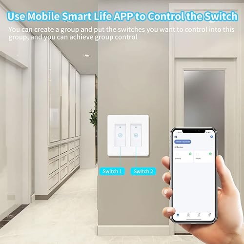 Miniatura 6 de Interruptor de luz inteligente de 2 bandas (no interruptor de 3 vías), interruptor de luz táctil inteligente WiFi para pared, funciona con Alexa