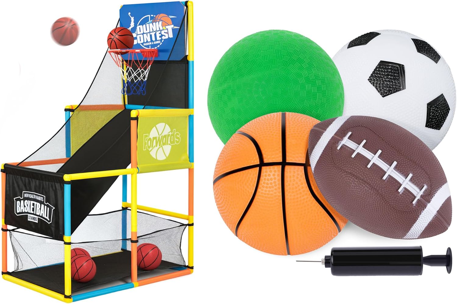 Arcade Basketball Game Set with 4 Balls & Sports Ball Pack for Kids: Indoor Hoop with Rebound Net, Soccer, Basketball, Football, Playground Balls – Great for Active Play and Gifts