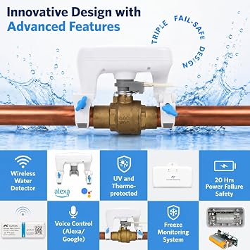 CUSTOS/Firebot DIY Automatic Water Shut Off Valve Control, LoRa Water Leak Detection Device Kit with 3 WiFi Water Leak Sensor, WiFi Water Shutoff Valve with Battery Backup