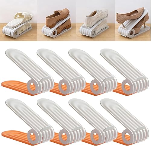 Miniatura 8 de Paquete de 8 ranuras para zapatos, apilador de zapatos ajustable de doble capa, diseño de altura ajustable en cuatro posiciones, soporte apilador de