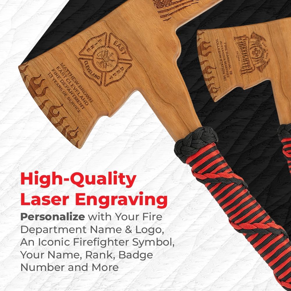 Firefighter Gifts - Custom Personalized Cherry Wood Laser Engraved Axe - Handmade Piece for Tribute & Appreciation - 550 Paracord-Wrapped Handle with Turks Head Knot - 21 inches Length & 9 inches Wide