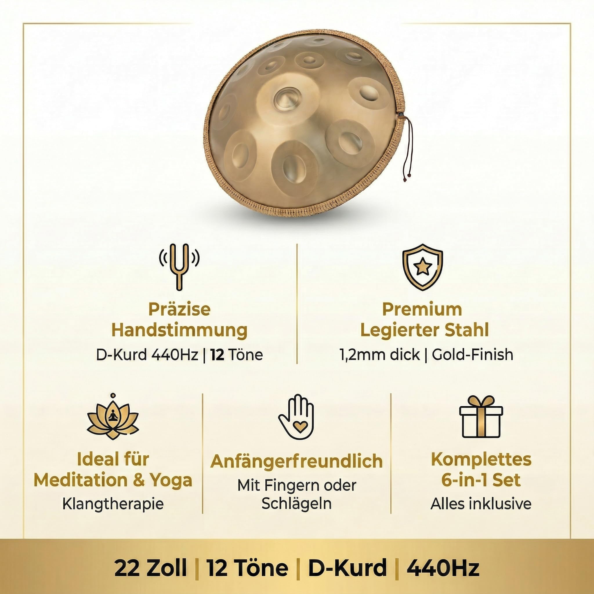 Handpan 22 Zoll 12 Töne D-Kurd 440Hz Gold Trommel Set für Meditation Yoga Klangheilung Legierter Stahl inkl Tasche Ständer Schlägel Reinigungstuch Notenaufkleber