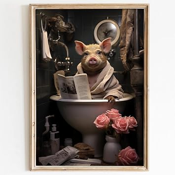 Farmhouse Bathroom Poster - Cute Pig in Bathtub Reading Newspaper Wall Art - Funny Animal Painting - 16x24in Frameless