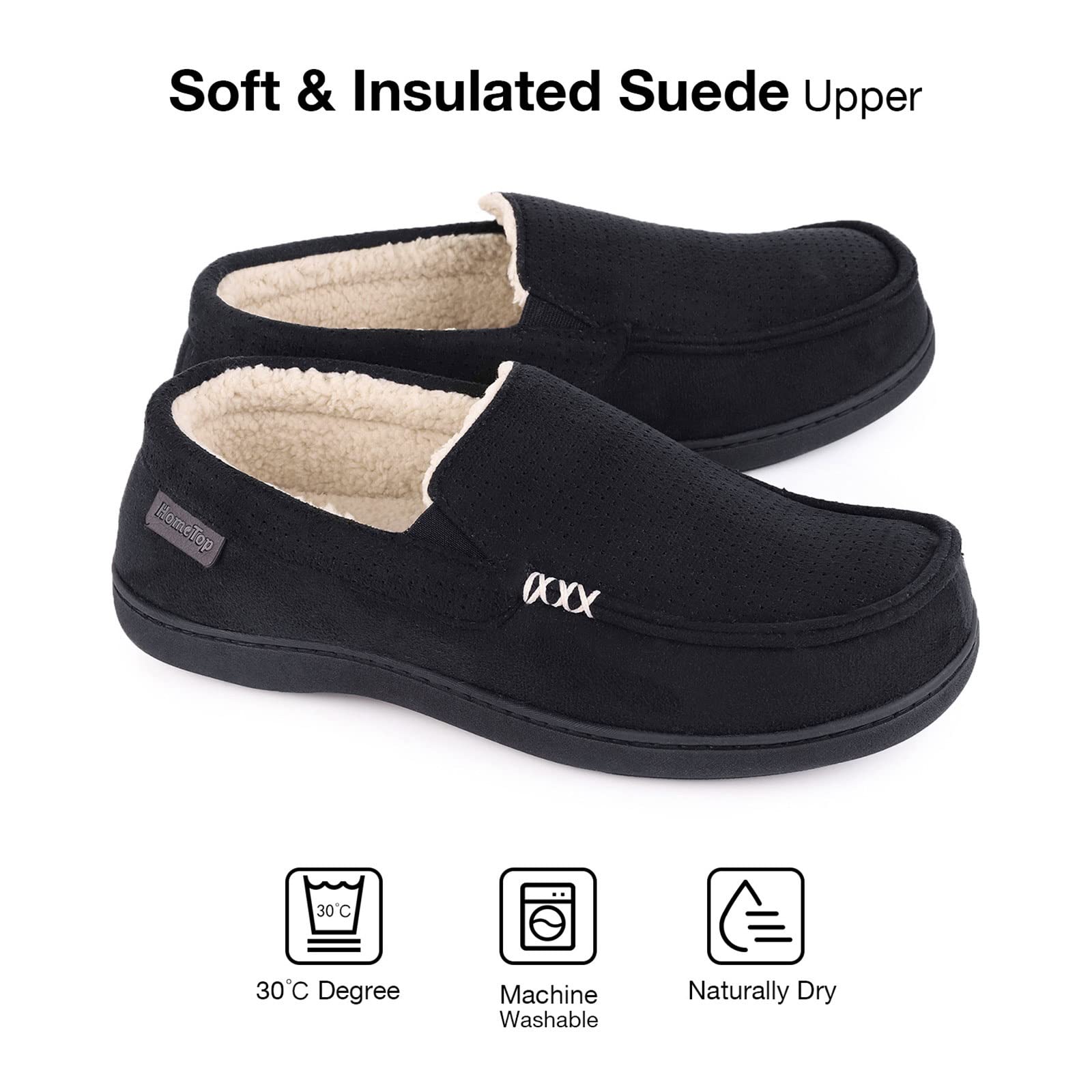 HomeTop Men's Memory Foam Moccasin Slippers, Comfy Indoor Outdoor House Shoes Suede Bedroom with Warm Sherpa Lining Durable Rubber Sole (9 M, Black)