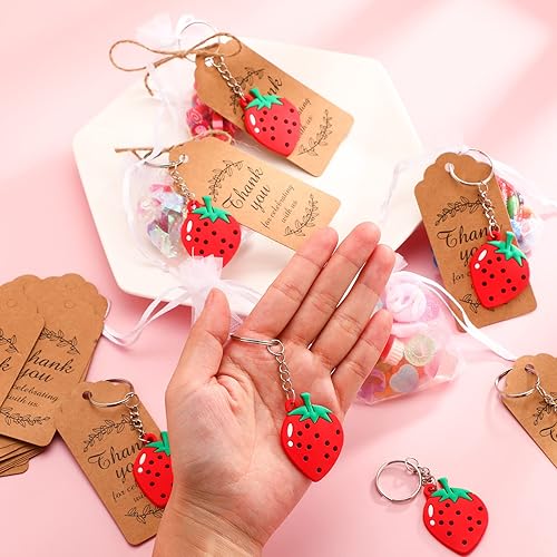 Miniatura 3 de Jadive Llaveros de fresa, regalos de fiesta de baby shower, fruta y fresa, llaveros para invitados, bolsa de regalo blanca, etiquetas de