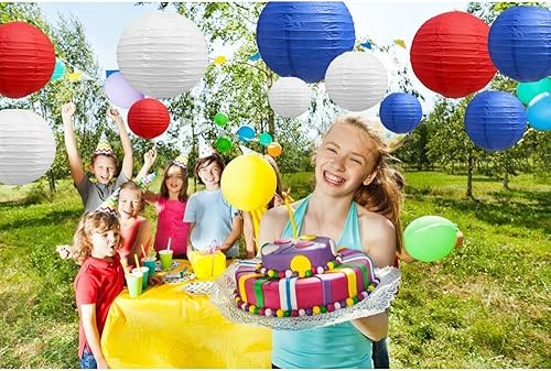 Miniatura 5 de BEISHIDA 21 linternas de papel redondas de color rojo, azul y blanco, decorativas, colgantes, asiáticas, chinas, japonesas, lámpara para cumpleaños,