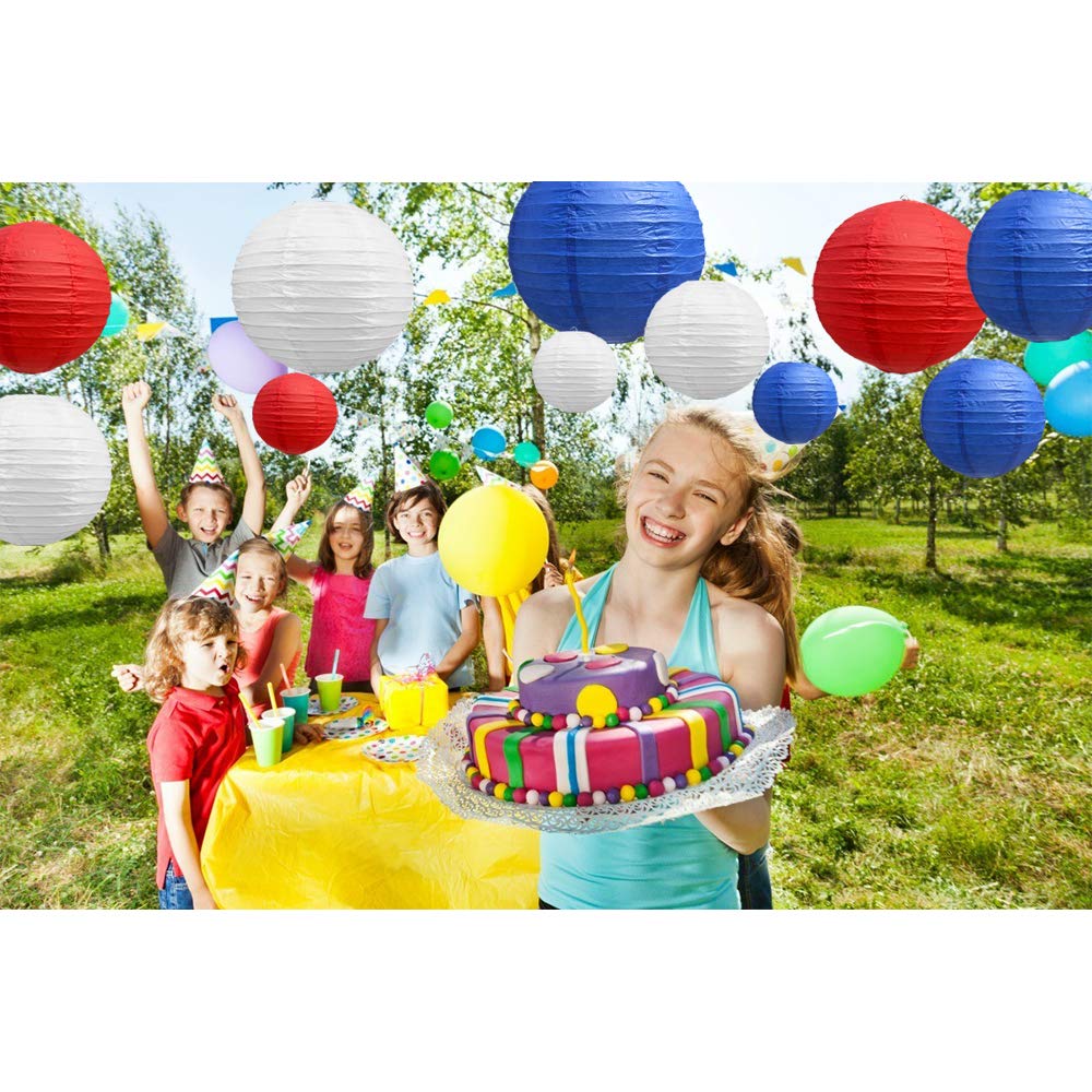 BEISHIDA Lot de 21 lanternes rondes en papier rouge bleu blanc à suspendre pour anniversaire, mariage, fête prénatale, décoration d'intérieur