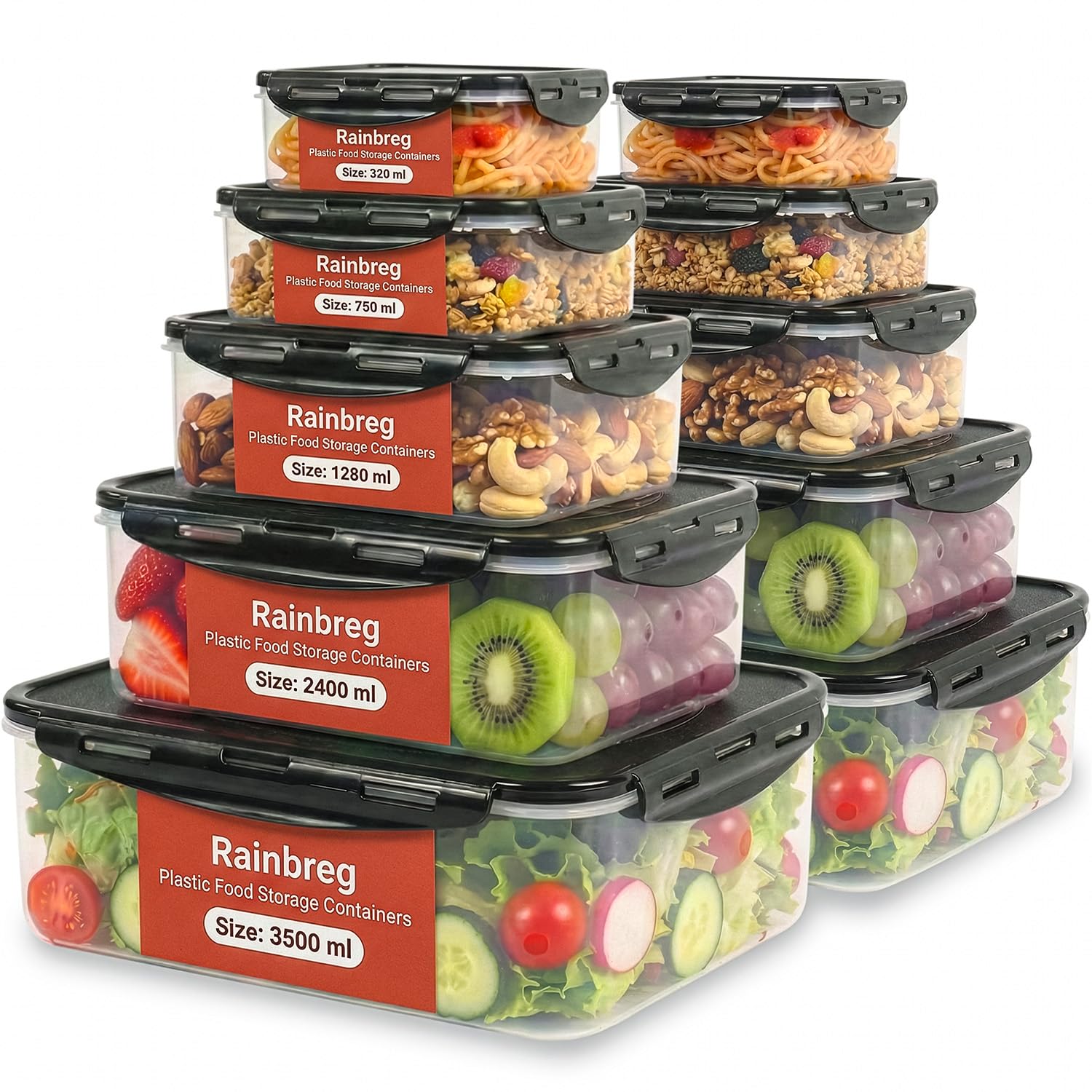 Food Storage Containers - 20 Pieces (10 containers & 10 Lids) Leak Proof, Airtight Food Containers with Lids, Stackable, Freezer, Microwave & Dishwasher Safe (Black)
