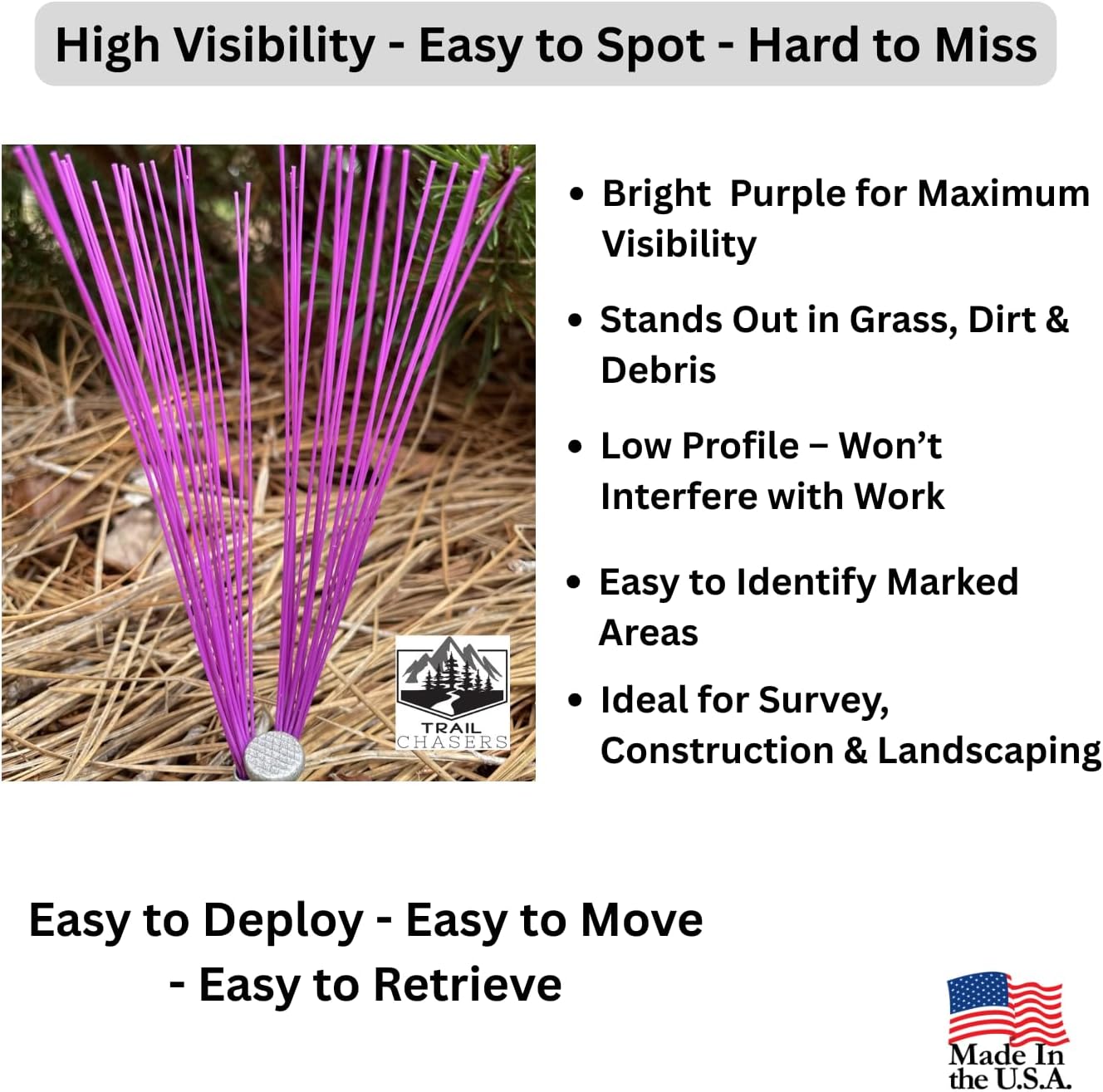 Trail Chasers® Pruple Marking Flags (Whiskers), 6" Ground Markers with Aluminum Stakes, 25 Pack for Survey & Construction