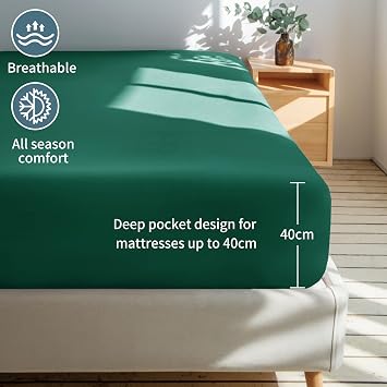 King Size Fitted Sheet Deep - Dark Green Kingsize Bed Sheet Extra Deep Pocket 16 inch (40 cm), Soft Brushed Microfiber Mattress Bottom Bedding Sheet, 150x200cm