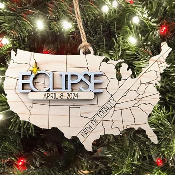 Solar Eclipse 2024 Ornament, Wooden 2024 Total Solar Eclipse Ornament, Solar Eclipse Party Supplies - Solar Eclipse Keepsake - Eclipse Gifts for Family, Friends and Coworkers (Unite State)