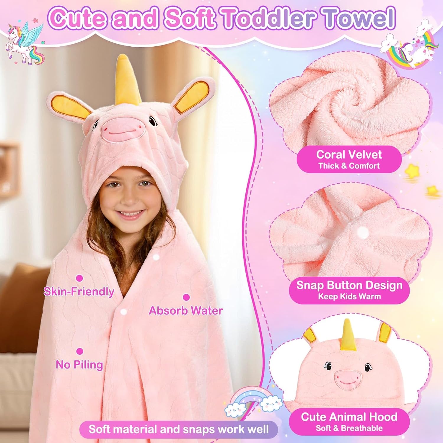 4 Pcs Toddler Towels Set, 1 Thick Toddler Bath Towel & 3 Washcloths, Large 55" x 27.5" Hooded Toddler Bath Towel, Hooded Towels Kids, Soft Toddler Towels with Hood 0-5 Years for Kid (Unicorn) - Image 4