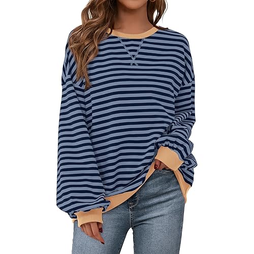 PRETTYGARDEN Womens Striped Oversized Sweatshirt Color Block Crew Neck Long Sleeve Casual Loose Pullover Top Y2K Clothes