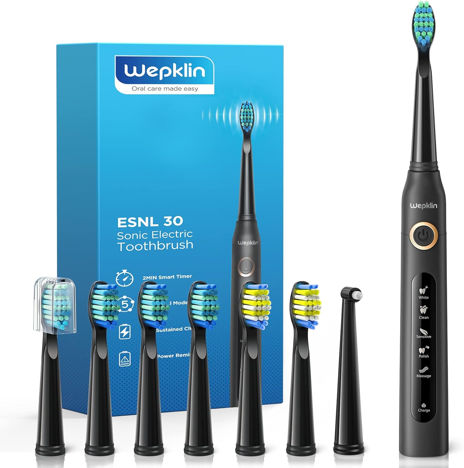 Electric Toothbrush for Adults Rechargeable Whitening Ultrasonic Toothbrush with 8 Duponts Brush Heads 5 Modes 40000 VPM Timer Waterproof, 4H Charge for 30 Days , Wepklin Black Series : Beauty & Personal Care